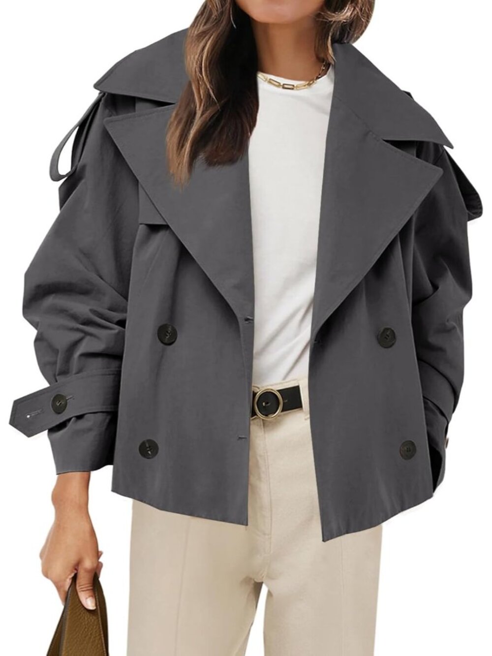 Women's Dark Grey Cropped Trench Double Breasted Short Jacket w/ Belt Outerwear